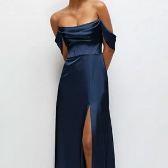 After Six Midnight Navy Blue Satin Convertable Gown 6898
